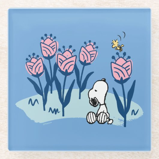 Peanuts | Snoopy & Woodstock Flower Garden Glazen Onderzetter (Voorkant)