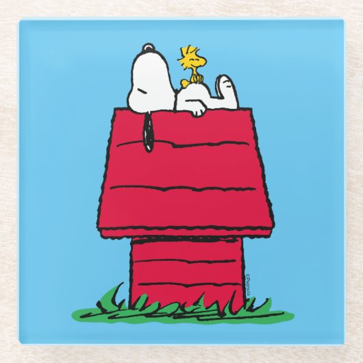 Peanuts | Snoopy & Woodstock Hondenhok Glazen Onderzetter (Voorkant)