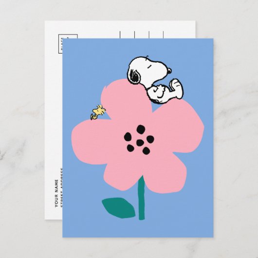 Peanuts | Snoopy & Woodstock Nap op roze bloem Briefkaart (Voorkant / Achterkant)