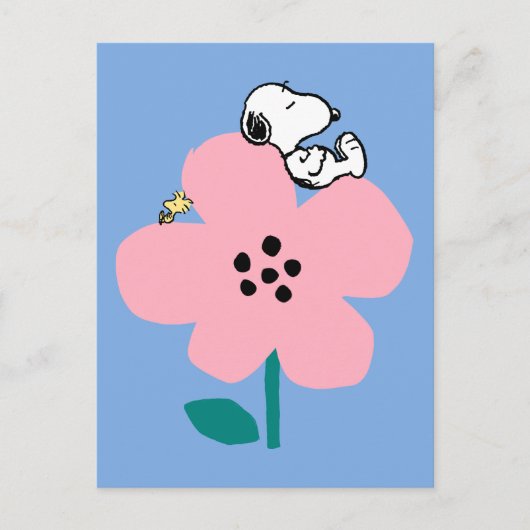Peanuts | Snoopy & Woodstock Nap op roze bloem Briefkaart (Voorkant)