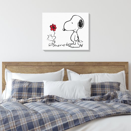 Peanuts | Snoopy & Woodstock Rood & Zwart Canvas Afdruk (Insitu (Slaapkamer))