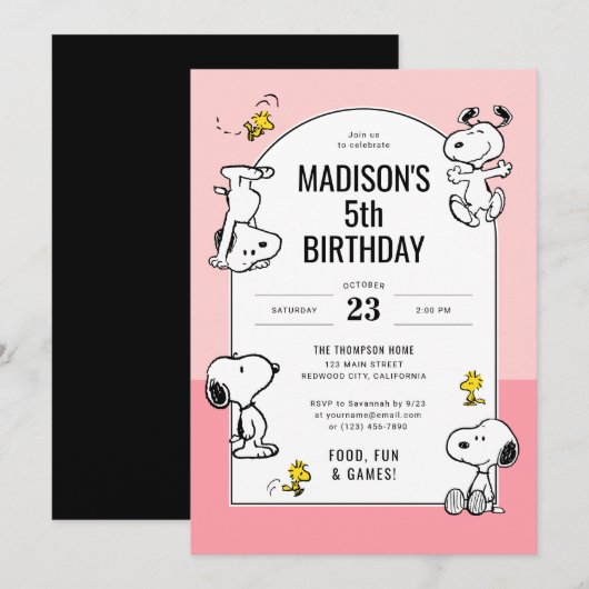 Peanuts Snoopy & Woodstock Roze Verjaardag Kaart (Voorkant / Achterkant)