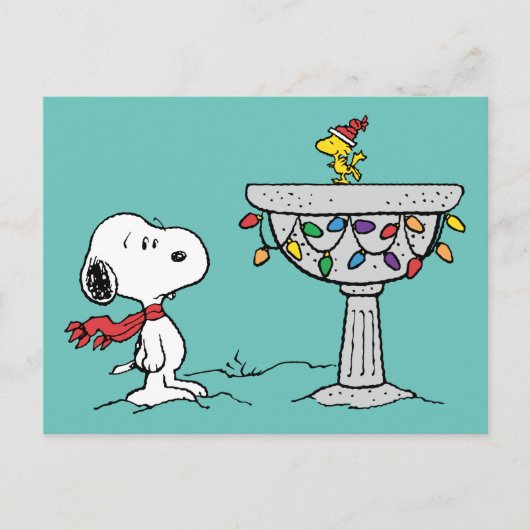 Peanuts | Snoopy & Woodstock Versierd Vogelbad Feestdagenkaart (Voorkant)