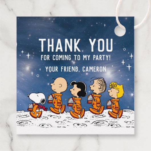 Peanuts Space Birthday beroemd gemaakt door Snoopy Bedankjes Labels (Achterkant)