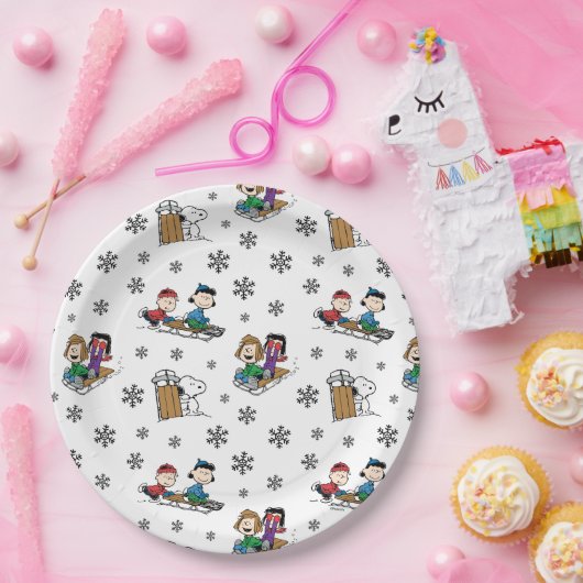 Peanuts | Winter Sleding Fun Patroon Papieren Bordje (Feest)