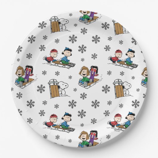 Peanuts | Winter Sleding Fun Patroon Papieren Bordje (Voorkant)