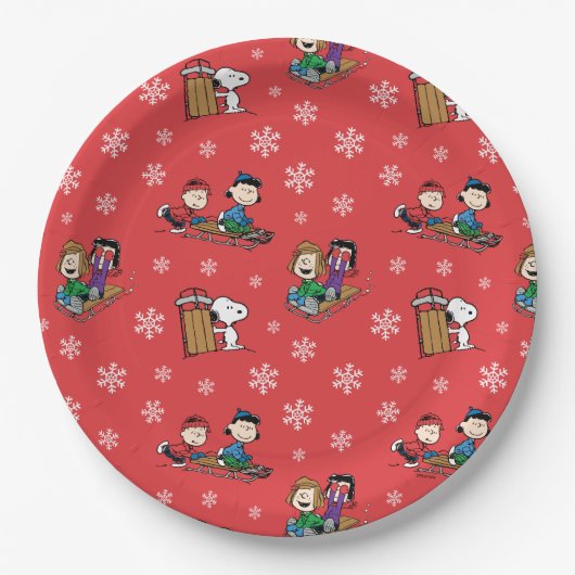 Peanuts | Winter Sleding Fun Patroon Papieren Bordje (Voorkant)