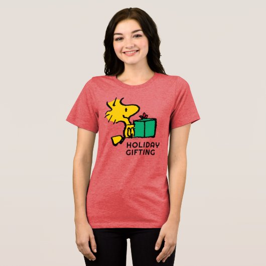 Peanuts | Woodstock Kerstcadeau Tri-Blend Shirt (Voorkant volledig)