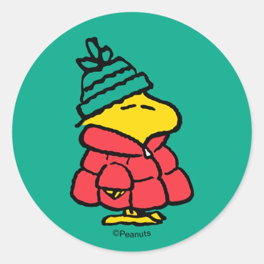 Peanuts | Woodstock Puffy Winterjas Ronde Sticker (Voorkant)