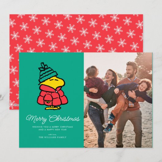 Peanuts | Woodstock Winter Vrolijk kerstfeest Feestdagenkaart (Voorkant / Achterkant)