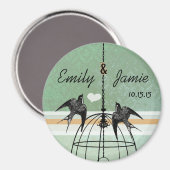 Peapod Groene Damast & Koraal Vogelkooi Bruiloft Magneet (Voorkant / Achterkant)