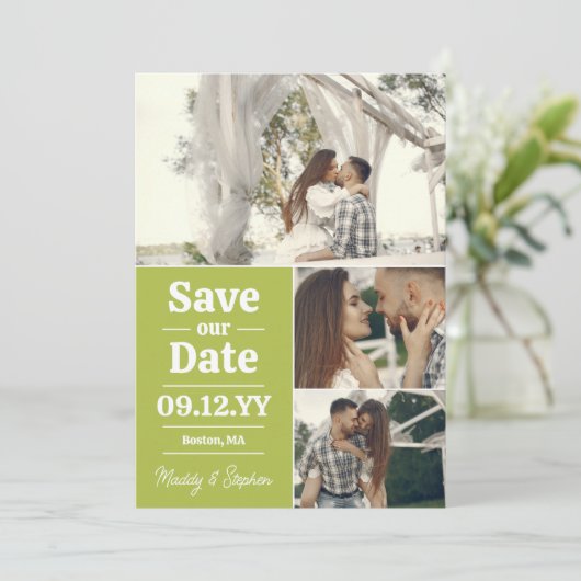 Pear Green Typography Photo Collage Save the Date (Staand voorkant)