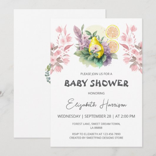 Pear & Lemon Fruits Girl Baby shower Kaart (Voorkant / Achterkant)