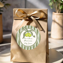 Pear sage green retro stripes baby shower favor ronde sticker