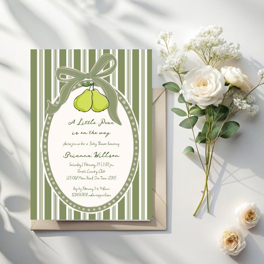 Pear sage green retro stripes baby shower kaart