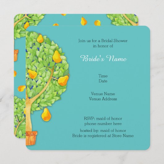 Pear Tree blauwgroen Vierkant Bruids Douche Uitnod Kaart (Voorkant / Achterkant)