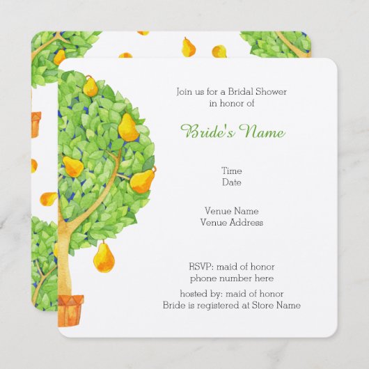 Pear Tree Square Bridal Shower Invitation Kaart (Voorkant / Achterkant)