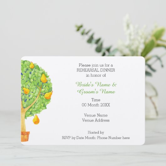 Pear Tree Wedding Rehearsal Dinner Invitation Kaart (Staand voorkant)