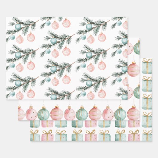Pearl Aqua Pink Christmas Tree Branch Ornamenten Inpakpapier Vel (Set)