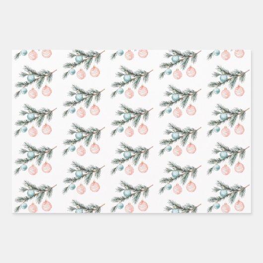 Pearl Aqua Pink Christmas Tree Branch Ornamenten Inpakpapier Vel (Voorkant 3)