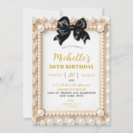 Pearl Black Bow verjaardagsuitnodiging Kaart (Voorkant)