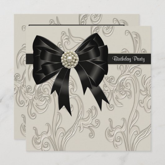 Pearl Black en Cream Swirl verjaardagsfeestje Kaart (Voorkant / Achterkant)