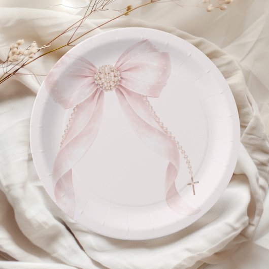 Pearl Blush Pink Bow Gold Cross Baptism Papieren Bordje