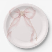 Pearl Blush Pink Bow Gold Cross Baptism Papieren Bordje (Voorkant)