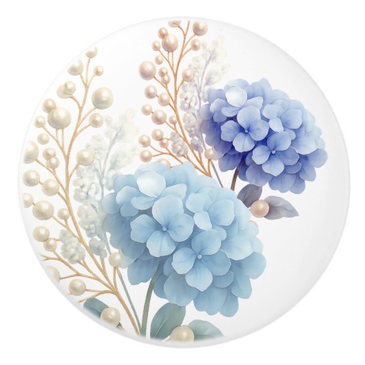 Pearl Blush Powder Blue Hydrangea Waterverf Keramische Knop (Voorkant)