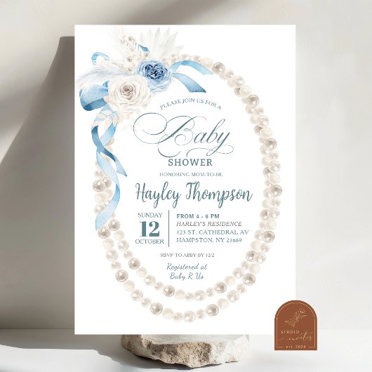 Pearl Boho Blue Floral Baby shower Invitation Kaart