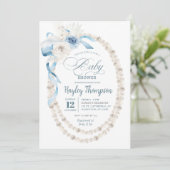 Pearl Boho Blue Floral Baby shower Invitation Kaart (Staand voorkant)