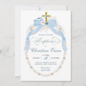 Pearl Boho Blue Floral Boy Doop Uitnodiging (Voorkant)