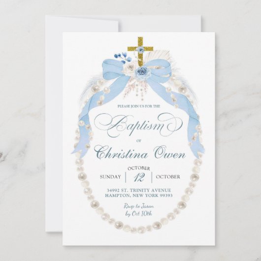 Pearl Boho Blue Floral Boy Doop Uitnodiging (Voorkant)