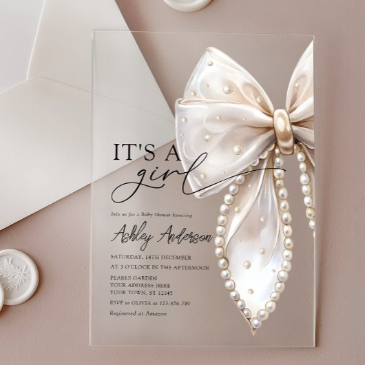 Pearl Bow is een meisje Baby shower Acryl Uitnodigingen