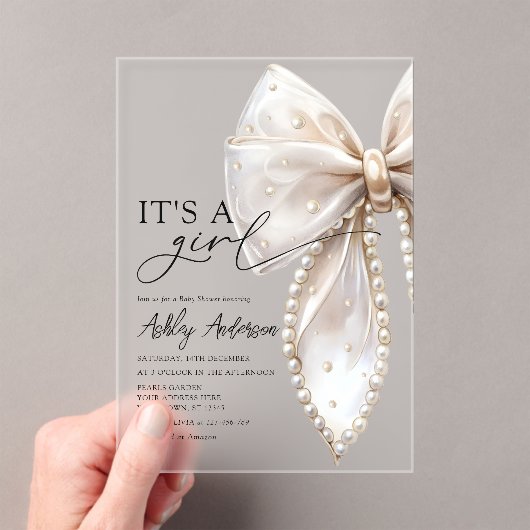Pearl Bow is een meisje Baby shower Acryl Uitnodigingen (Insitu (Draagbaar))