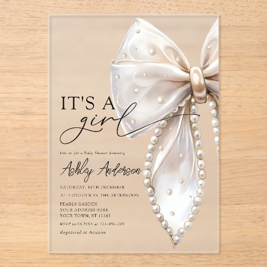 Pearl Bow is een meisje Baby shower Acryl Uitnodigingen (Voorkant)