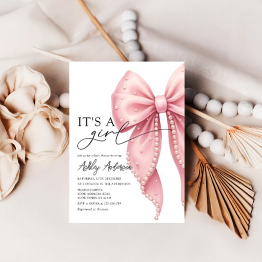 Pearl Bow is een meisje roze Baby shower Kaart