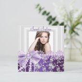 Pearl Bow & Lace Paars Photo Sweet 16 Kaart (Staand voorkant)