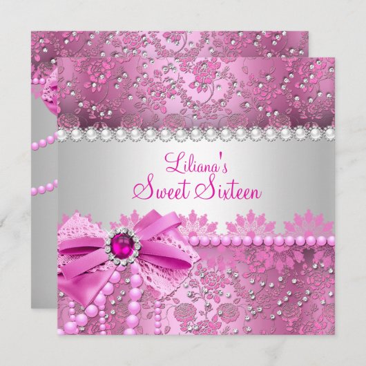 Pearl Bow Lace Pink Silver Sweet 16 Kaart (Voorkant / Achterkant)