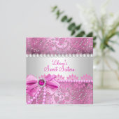 Pearl Bow Lace Pink Silver Sweet 16 Kaart (Staand voorkant)