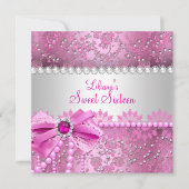 Pearl Bow Lace Pink Silver Sweet 16 Kaart (Voorkant)