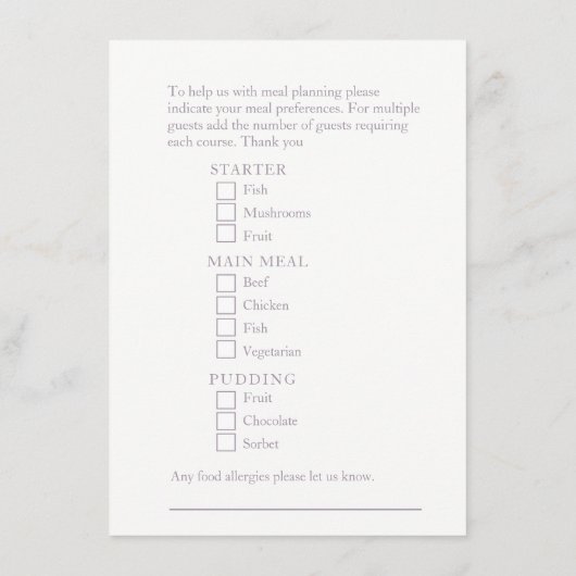 Pearl bruiloft verjaardag maaltijd opties kaart (Achterkant)
