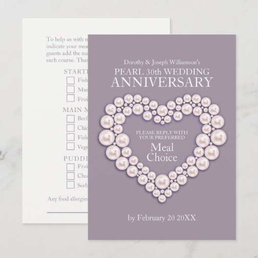 Pearl bruiloft verjaardag maaltijd opties kaart (Voorkant / Achterkant)