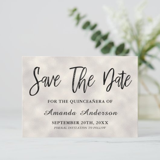 Pearl Brush Script Quinceanera Save The Date (Staand voorkant)
