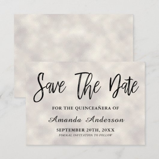 Pearl Brush Script Quinceanera Save The Date (Voorkant / Achterkant)
