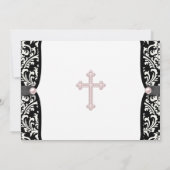 Pearl Cross Pink Black Damask Christening Kaart (Achterkant)