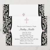 Pearl Cross Pink Black Damask Christening Kaart (Voorkant / Achterkant)