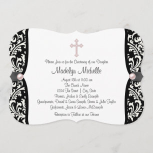 Pearl Cross Pink Black Damask Christening Kaart