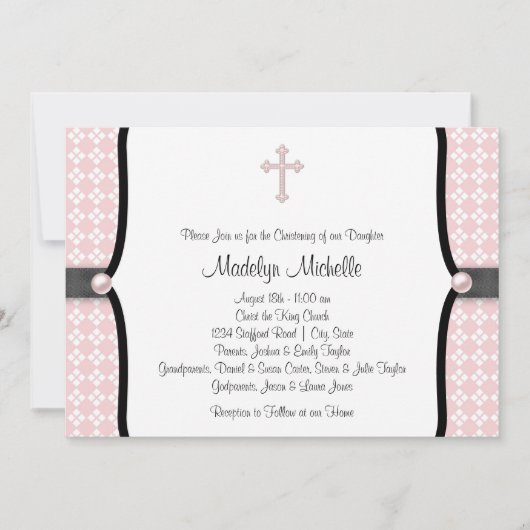 Pearl Cross Pink Black Damask Christening Kaart (Voorkant)