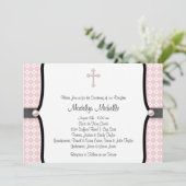 Pearl Cross Pink Black Damask Christening Kaart (Staand voorkant)